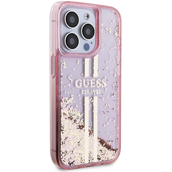 Originalus Guess dėklas Liquid Glitter Auksinis StripesiPhone 15 Pro - Rožinis 3 Originalus Guess dėklas Liquid Glitter Auksinis StripesiPhone 15 Pro - Rožinis 3