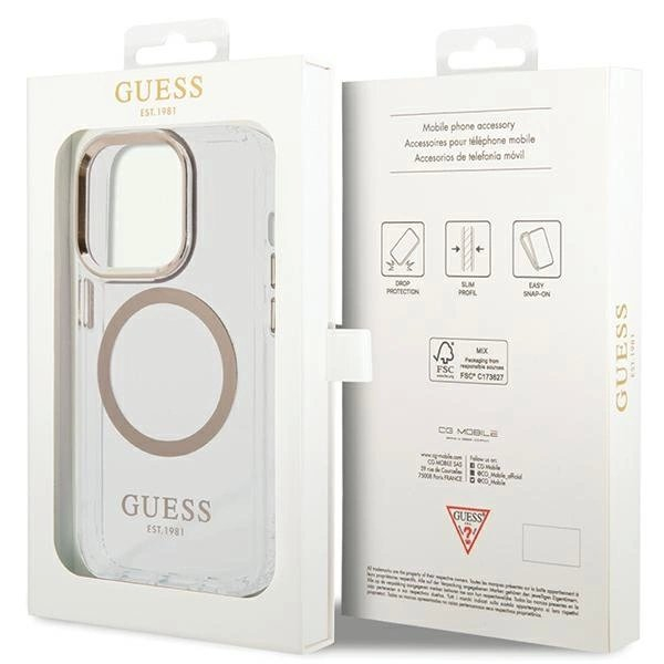 iPhone 15 / 14 / 13 Guess Metal Outline MagSafe dėklas - auksinis 7
