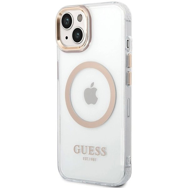 iPhone 15 Plus / 14 Plus Guess Metal Outline MagSafe dėklas - auksinis 1