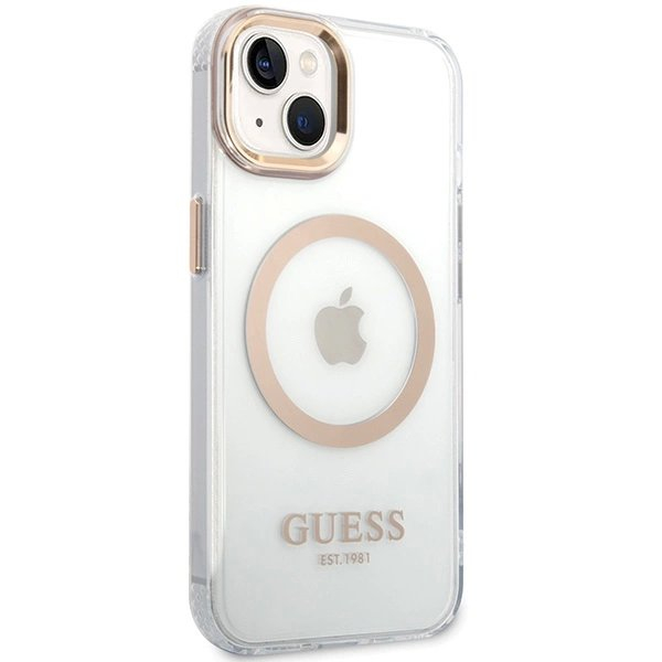 iPhone 15 Plus / 14 Plus Guess Metal Outline MagSafe dėklas - auksinis 3 iPhone 15 Plus / 14 Plus Guess Metal Outline MagSafe dėklas - auksinis 3