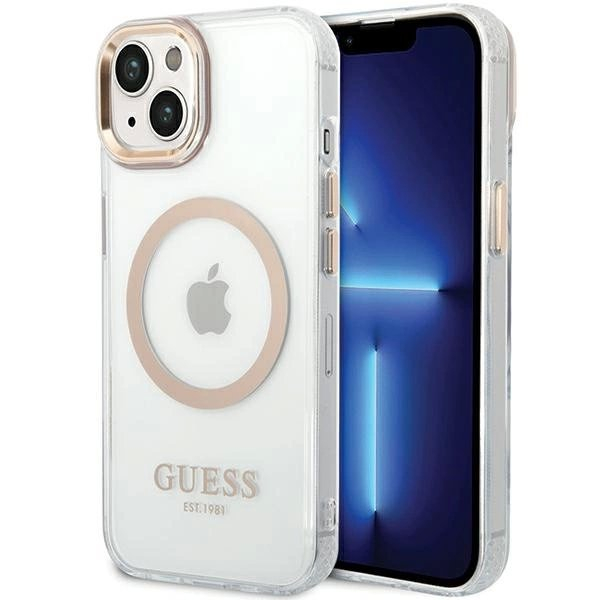 iPhone 15 Plus / 14 Plus Guess Metal Outline MagSafe dėklas - auksinis
