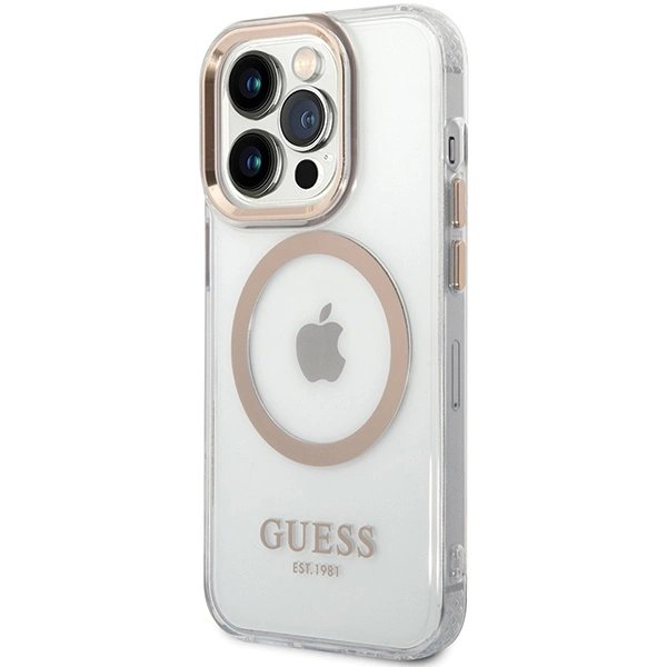 iPhone 15 Pro Guess Metal Outline MagSafe dėklas - auksinis 1