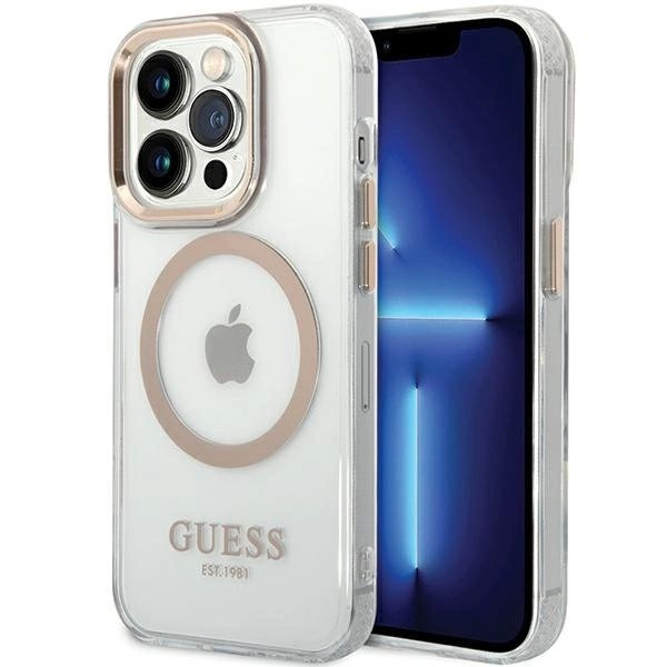 iPhone 15 Pro Max Guess Metal Outline Magsafe dėklas - auksinis iPhone 15 Pro Max Guess Metal Outline Magsafe dėklas - auksinis