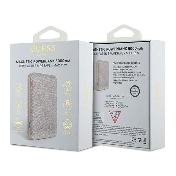 Išorinė baterija Guess GUPB5FP4EMGP 5000 mAh 15 W indukcinė su MagSafe – rožinė, 4G Leather Metal Logo 3