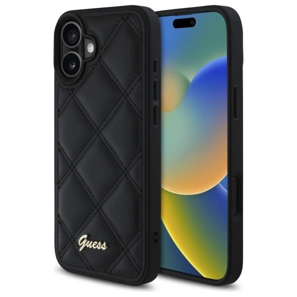 iPhone 16 Plus – Guess Quilted Metal Logo dėklas - Juodas