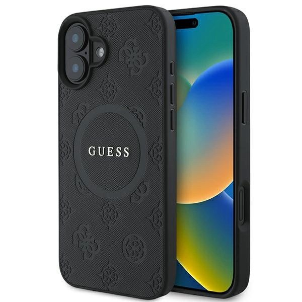 Dėklas Guess Saffiano Peony Classic Logo MagSafe iPhone 16 - Juodas Dėklas Guess Saffiano Peony Classic Logo MagSafe iPhone 16 - Juodas