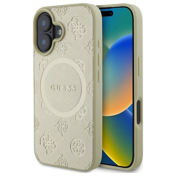 iPhone 16 Guess Saffiano Peony Classic Logo MagSafe dėklas - auksinis