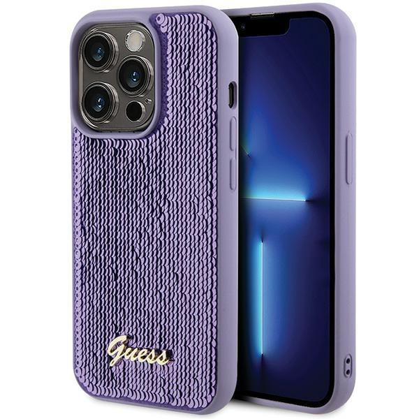 Dėklas Guess Sequin Script Metal iPhone 15 Pro - Violetinis Dėklas Guess Sequin Script Metal iPhone 15 Pro - Violetinis