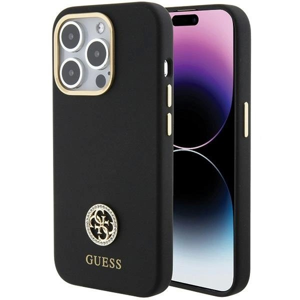 Guess Silikoninis Logo Strass 4G Dėklas skirtas iPhone 15 Pro - Juodas
