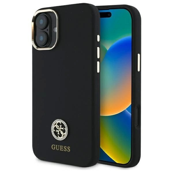 Dėklas Guess Silicone Logo Strass 4G iPhone 16 - Juodas Dėklas Guess Silicone Logo Strass 4G iPhone 16 - Juodas