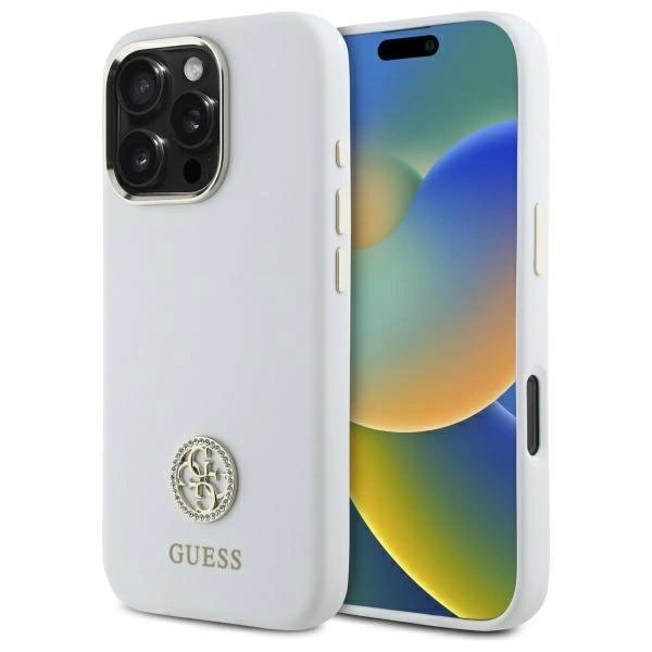 Dėklas Guess Silicone Logo Strass 4G  iPhone 16 Pro Max - Baltas Dėklas Guess Silicone Logo Strass 4G  iPhone 16 Pro Max - Baltas