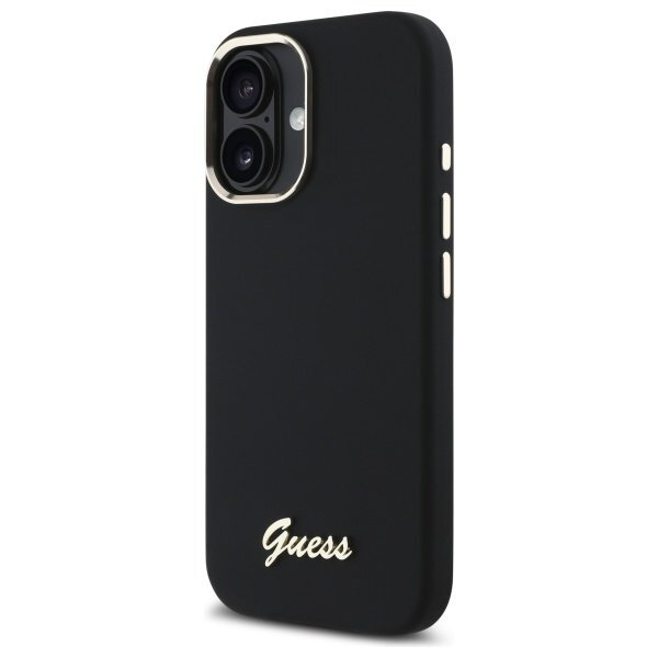 iPhone 16 Guess Silicone Script Metal Logo & Frame dėklas – juodas 1