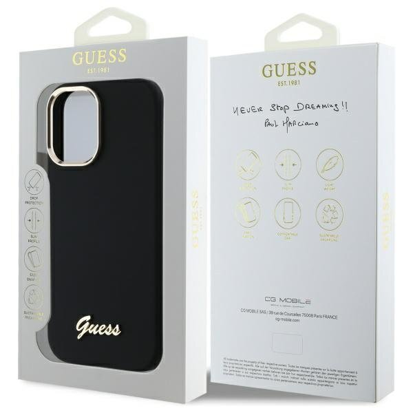 iPhone 16 Guess Silicone Script Metal Logo & Frame dėklas – juodas 7 iPhone 16 Guess Silicone Script Metal Logo & Frame dėklas – juodas 7