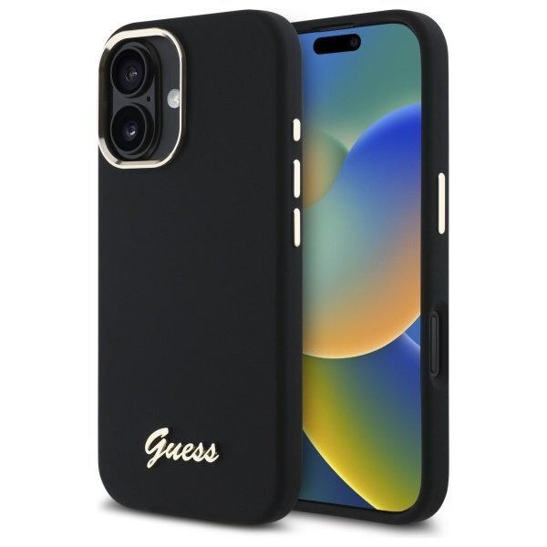 iPhone 16 Guess Silicone Script Metal Logo & Frame dėklas – juodas