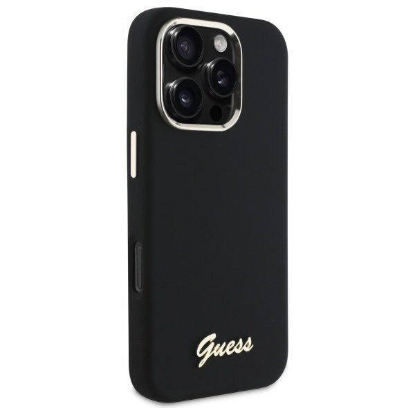 iPhone 16 Pro Guess Silicone Script Metal Logo & Frame dėklas – juodas 3
