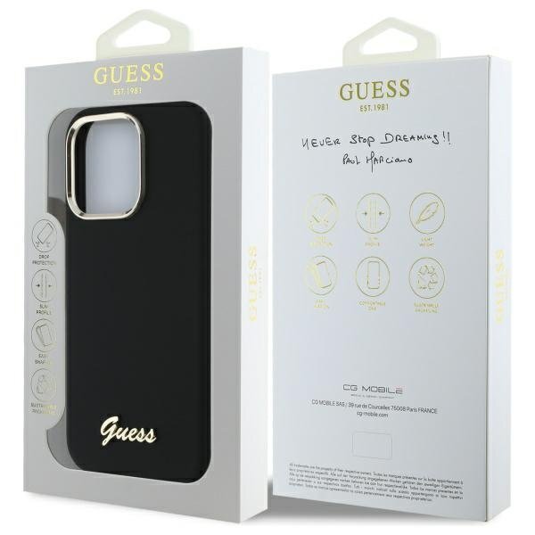 iPhone 16 Pro Guess Silicone Script Metal Logo & Frame dėklas – juodas 7