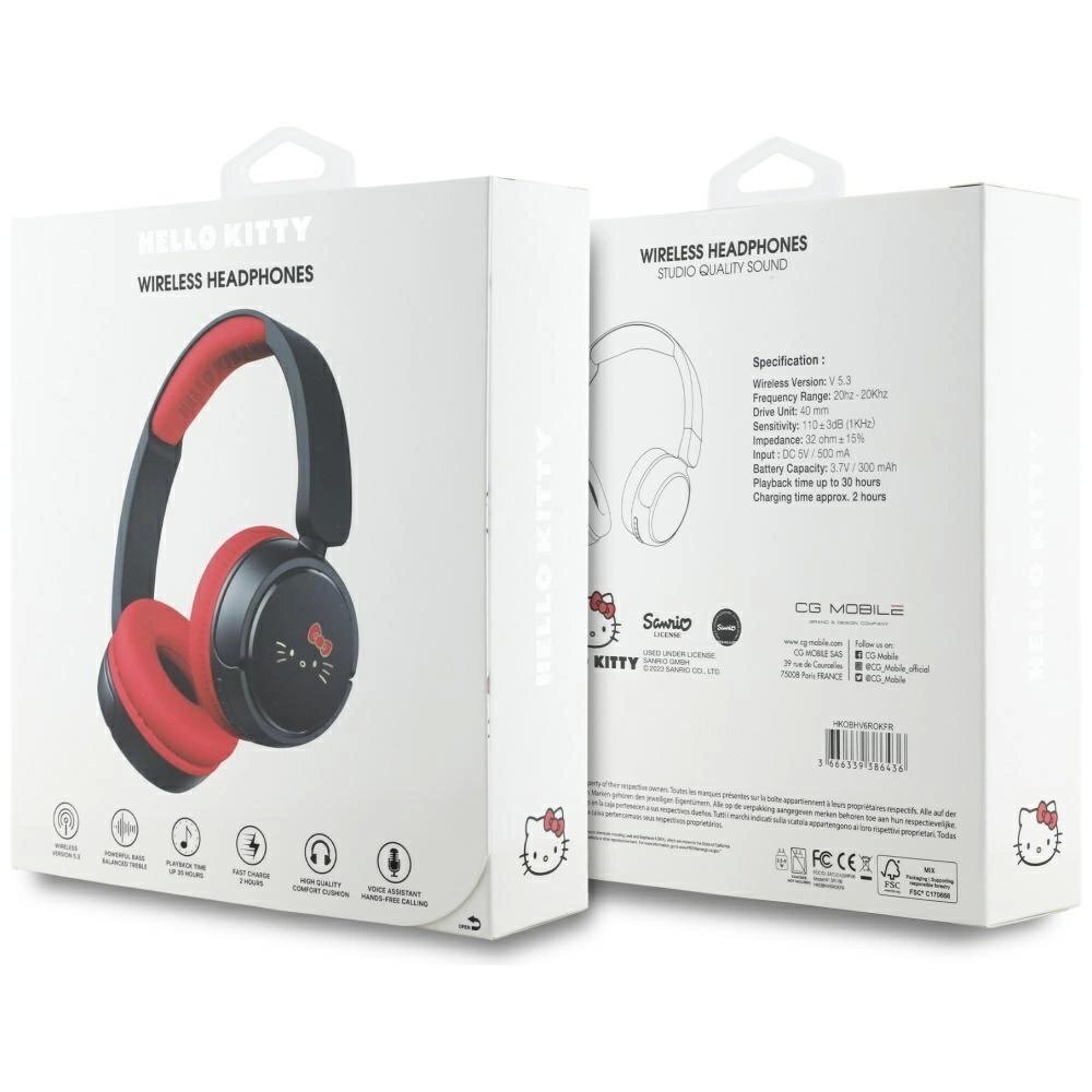 Belaidės ausinės Hello Kitty Face Logo Bluetooth On-Ear – raudonos 4 Belaidės ausinės Hello Kitty Face Logo Bluetooth On-Ear – raudonos 4