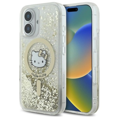 Dėklas Hello Kitty Liquid Glitter Fever MagSafe iPhone 16 - Gold Dėklas Hello Kitty Liquid Glitter Fever MagSafe iPhone 16 - Gold