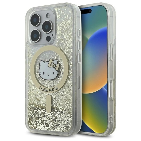Dėklas Hello Kitty Liquid Glitter Fever MagSafe  iPhone 16 Pro Max - Gold Dėklas Hello Kitty Liquid Glitter Fever MagSafe  iPhone 16 Pro Max - Gold