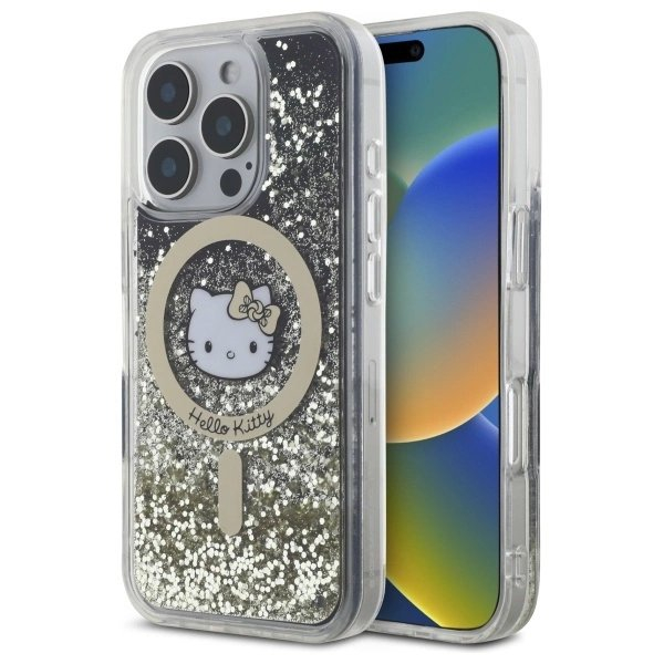 Dėklas Hello Kitty Liquid Glitter Fever MagSafe iPhone 16 Pro - Gold Dėklas Hello Kitty Liquid Glitter Fever MagSafe iPhone 16 Pro - Gold