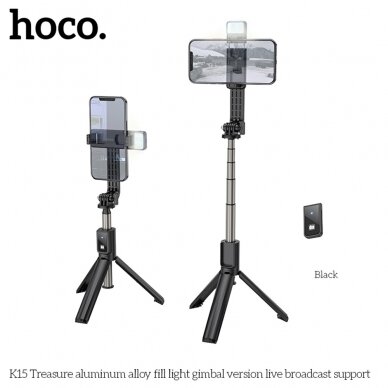 [Užsakomoji prekė] Hoco - Selfie Stick Treasure (K15) - Stable, BT 4.0, 1/4 Screw Interface, Bluetooth Remote Controller, Light, 55mAh - Black 3