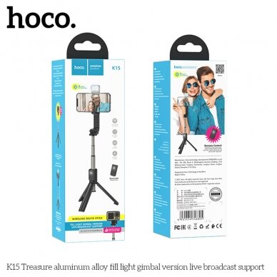 [Užsakomoji prekė] Hoco - Selfie Stick Treasure (K15) - Stable, BT 4.0, 1/4 Screw Interface, Bluetooth Remote Controller, Light, 55mAh - Black 7