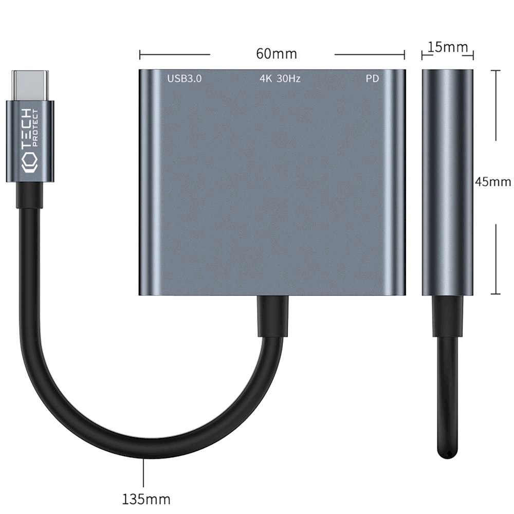 HUB Tech-Protect V1 3in1 USB-C - USB-A 3.0 / USB-C PD 100W / HDMI 4K 30Hz - pilkas 3 HUB Tech-Protect V1 3in1 USB-C - USB-A 3.0 / USB-C PD 100W / HDMI 4K 30Hz - pilkas 3
