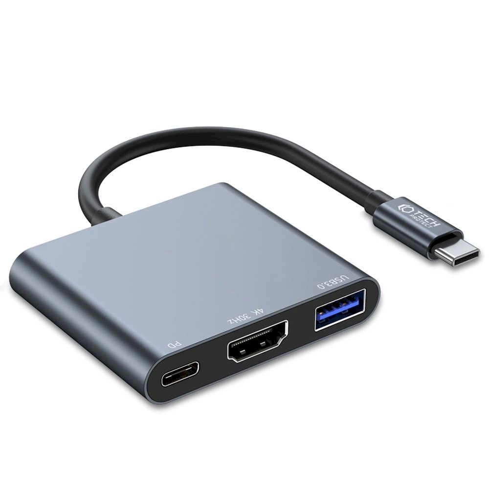 HUB Tech-Protect V1 3in1 USB-C - USB-A 3.0 / USB-C PD 100W / HDMI 4K 30Hz - pilkas HUB Tech-Protect V1 3in1 USB-C - USB-A 3.0 / USB-C PD 100W / HDMI 4K 30Hz - pilkas