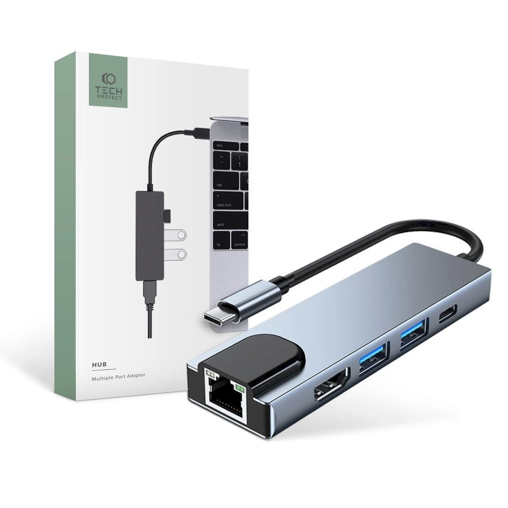 HUB Tech-Protect V3 5in1 USB-C - USB-A 3.0 / USB-A 2.0 / USB-C / HDMI / RJ45 - pilkas HUB Tech-Protect V3 5in1 USB-C - USB-A 3.0 / USB-A 2.0 / USB-C / HDMI / RJ45 - pilkas
