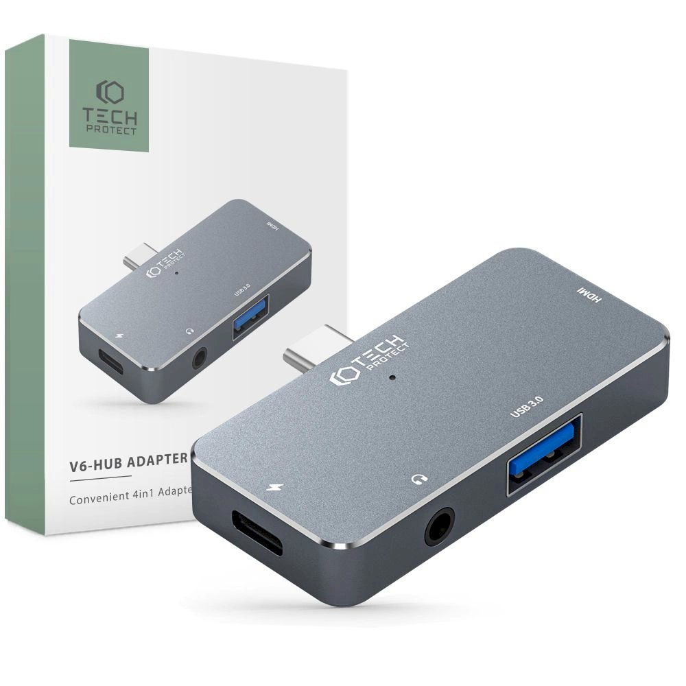 HUB Tech-Protect V6 4in1 USB-C - USB-A 3.0 / USB-C PD100W / HDMI / mini jack 3.5mm - pilkas HUB Tech-Protect V6 4in1 USB-C - USB-A 3.0 / USB-C PD100W / HDMI / mini jack 3.5mm - pilkas