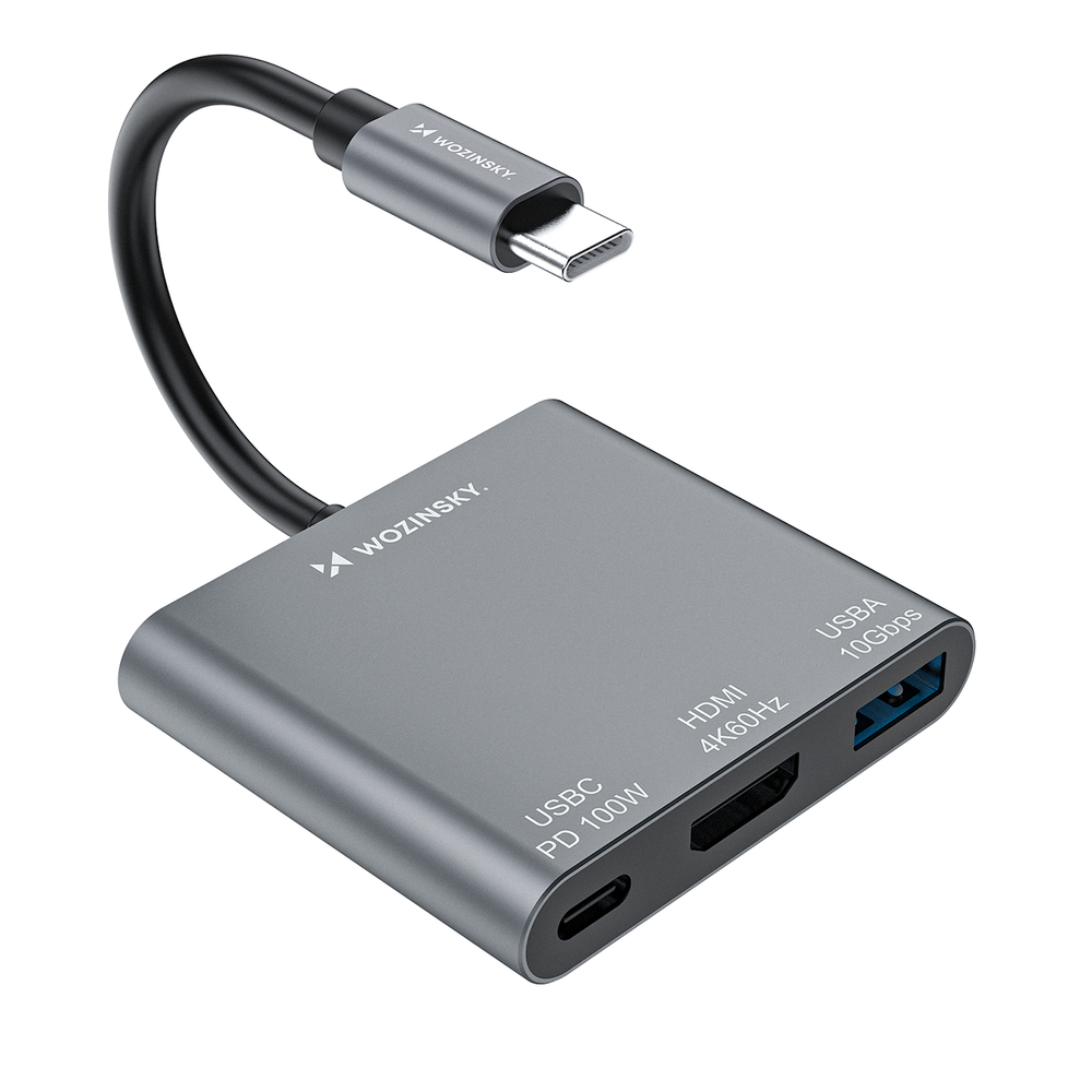USB-C šakotuvas Wozinsky WHCH-01 PD 100W HDMI 4K@30Hz USB-A 10Gbps – pilkas 1 USB-C šakotuvas Wozinsky WHCH-01 PD 100W HDMI 4K@30Hz USB-A 10Gbps – pilkas 1