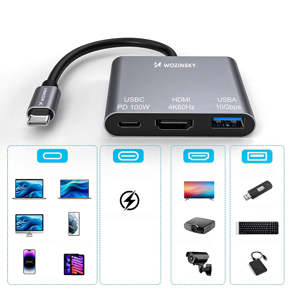 USB-C šakotuvas Wozinsky WHCH-01 PD 100W HDMI 4K@30Hz USB-A 10Gbps – pilkas 4 USB-C šakotuvas Wozinsky WHCH-01 PD 100W HDMI 4K@30Hz USB-A 10Gbps – pilkas 4