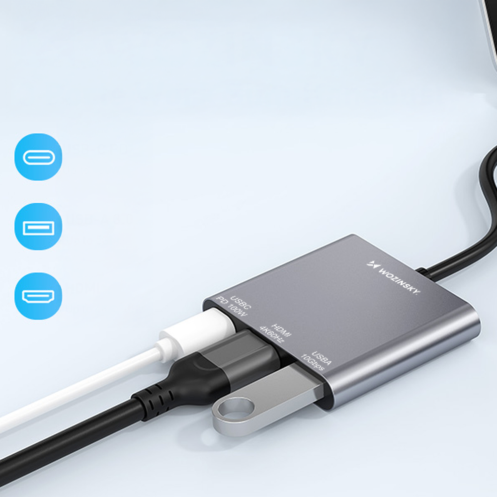 USB-C šakotuvas Wozinsky WHCH-01 PD 100W HDMI 4K@30Hz USB-A 10Gbps – pilkas 6 USB-C šakotuvas Wozinsky WHCH-01 PD 100W HDMI 4K@30Hz USB-A 10Gbps – pilkas 6