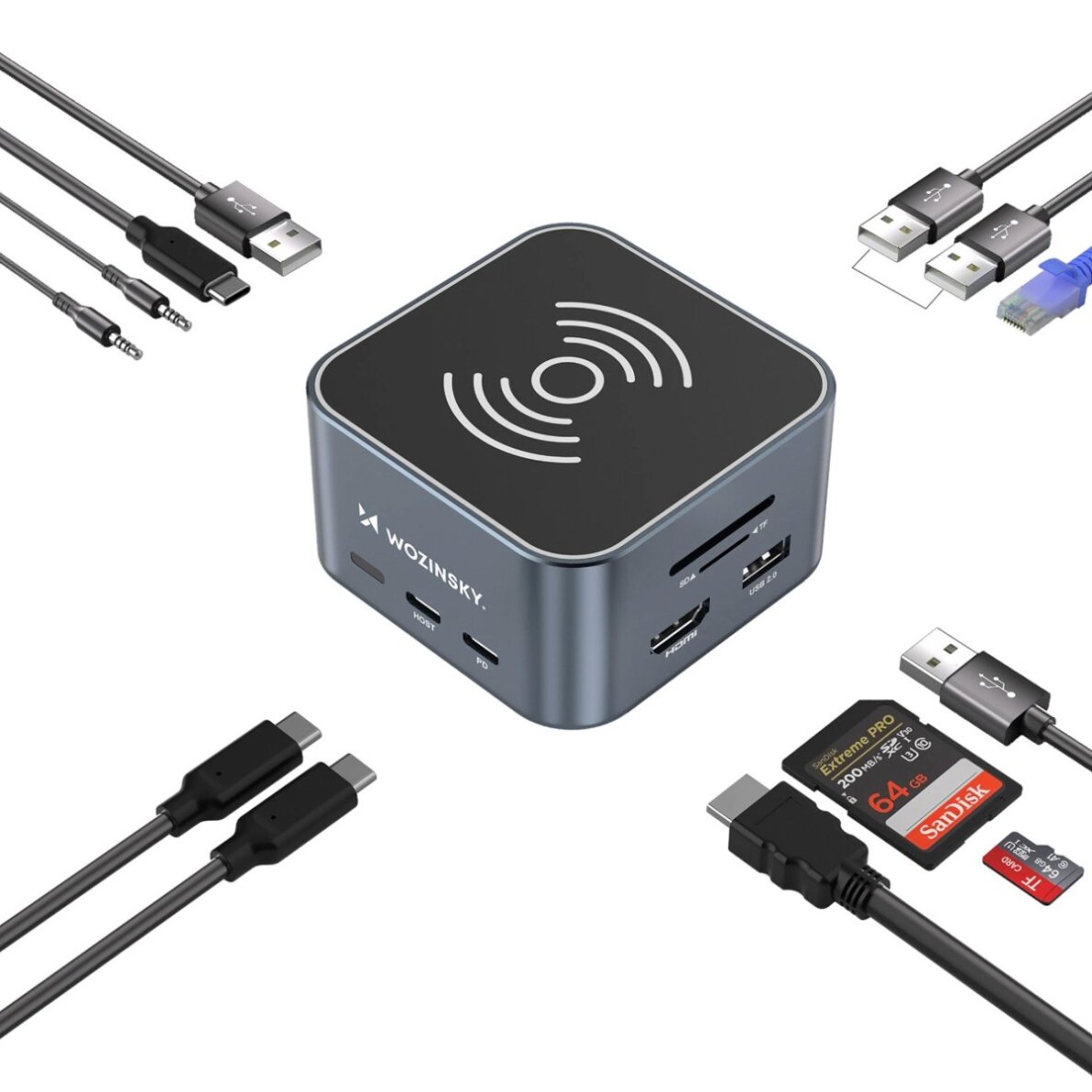 USB-C šakotuvas Wozinsky WHBC09Y8S 12in1 su belaidžio įkrovimo funkcija, aliuminis, 15 cm kabelis – pilkas 3 USB-C šakotuvas Wozinsky WHBC09Y8S 12in1 su belaidžio įkrovimo funkcija, aliuminis, 15 cm kabelis – pilkas 3