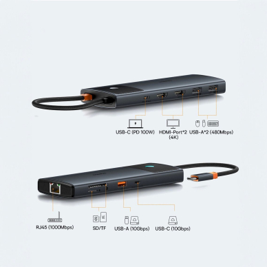 Baseus Metal Gleam Series HUB 10in1 USB-C – USB-C PD / USB-C / 3x USB-A / 2x HDMI / RJ-45 / SD / TF – juodas 5 Baseus Metal Gleam Series HUB 10in1 USB-C – USB-C PD / USB-C / 3x USB-A / 2x HDMI / RJ-45 / SD / TF – juodas 5