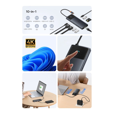 Baseus Metal Gleam Series HUB 10in1 USB-C – USB-C PD / USB-C / 3x USB-A / 2x HDMI / RJ-45 / SD / TF – juodas 6