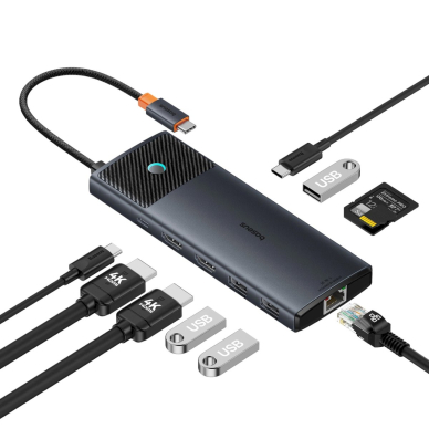 Baseus Metal Gleam Series HUB 10in1 USB-C – USB-C PD / USB-C / 3x USB-A / 2x HDMI / RJ-45 / SD / TF – juodas