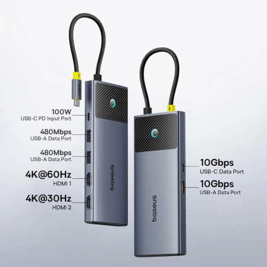 Baseus Metal Gleam Series II HUB 7in1 USB-C – USB-C PD100W / 2x USB-A / 2x HDMI 4K / USB-A 3.0 / USB-C 3.0 7