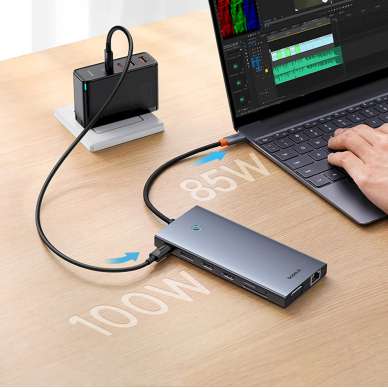 Baseus PortalJoy Series HUB 13in1 USB-C – 2x HDMI / DP / VGA / USB-A 3.1 / USB-C 3.1 / USB-A 2.0 / PD / RJ45 / SD / TF / AUX – pilkas 10