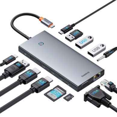 Baseus PortalJoy Series HUB 13in1 USB-C – 2x HDMI / DP / VGA / USB-A 3.1 / USB-C 3.1 / USB-A 2.0 / PD / RJ45 / SD / TF / AUX – pilkas 3