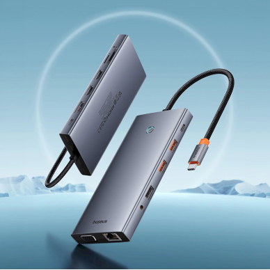 Baseus PortalJoy Series HUB 13in1 USB-C – 2x HDMI / DP / VGA / USB-A 3.1 / USB-C 3.1 / USB-A 2.0 / PD / RJ45 / SD / TF / AUX – pilkas 6