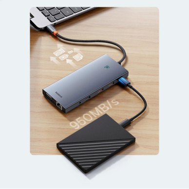 Baseus PortalJoy Series HUB 13in1 USB-C – 2x HDMI / DP / VGA / USB-A 3.1 / USB-C 3.1 / USB-A 2.0 / PD / RJ45 / SD / TF / AUX – pilkas 9