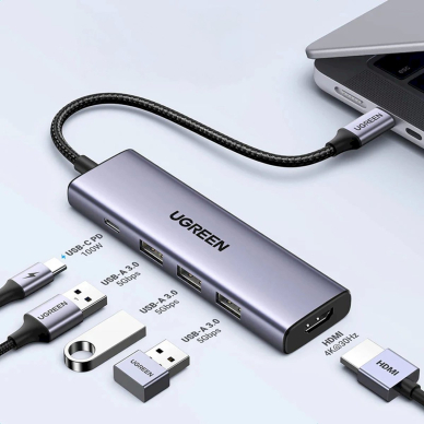 Ugreen CM511 15597 HUB 5in1 USB-C – USB-C PD / HDMI / 3x USB-A 3.0 – pilkas 6