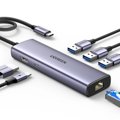 Ugreen CM512 15598 HUB 6in1 USB-C – 3x USB-A 3.0 / HDMI / RJ45 / USB-C PD – pilkas