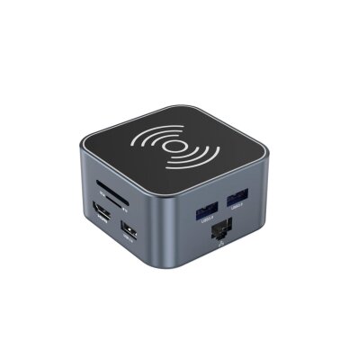 USB-C šakotuvas Wozinsky WHBC09Y8S 12in1 su belaidžio įkrovimo funkcija, aliuminis, 15 cm kabelis – pilkas 1 USB-C šakotuvas Wozinsky WHBC09Y8S 12in1 su belaidžio įkrovimo funkcija, aliuminis, 15 cm kabelis – pilkas 1