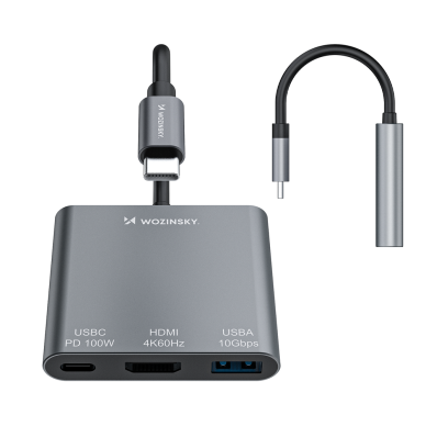 USB-C šakotuvas Wozinsky WHCH-01 PD 100W HDMI 4K@30Hz USB-A 10Gbps – pilkas 3 USB-C šakotuvas Wozinsky WHCH-01 PD 100W HDMI 4K@30Hz USB-A 10Gbps – pilkas 3
