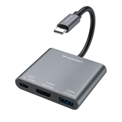USB-C šakotuvas Wozinsky WHCH-01 PD 100W HDMI 4K@30Hz USB-A 10Gbps – pilkas USB-C šakotuvas Wozinsky WHCH-01 PD 100W HDMI 4K@30Hz USB-A 10Gbps – pilkas