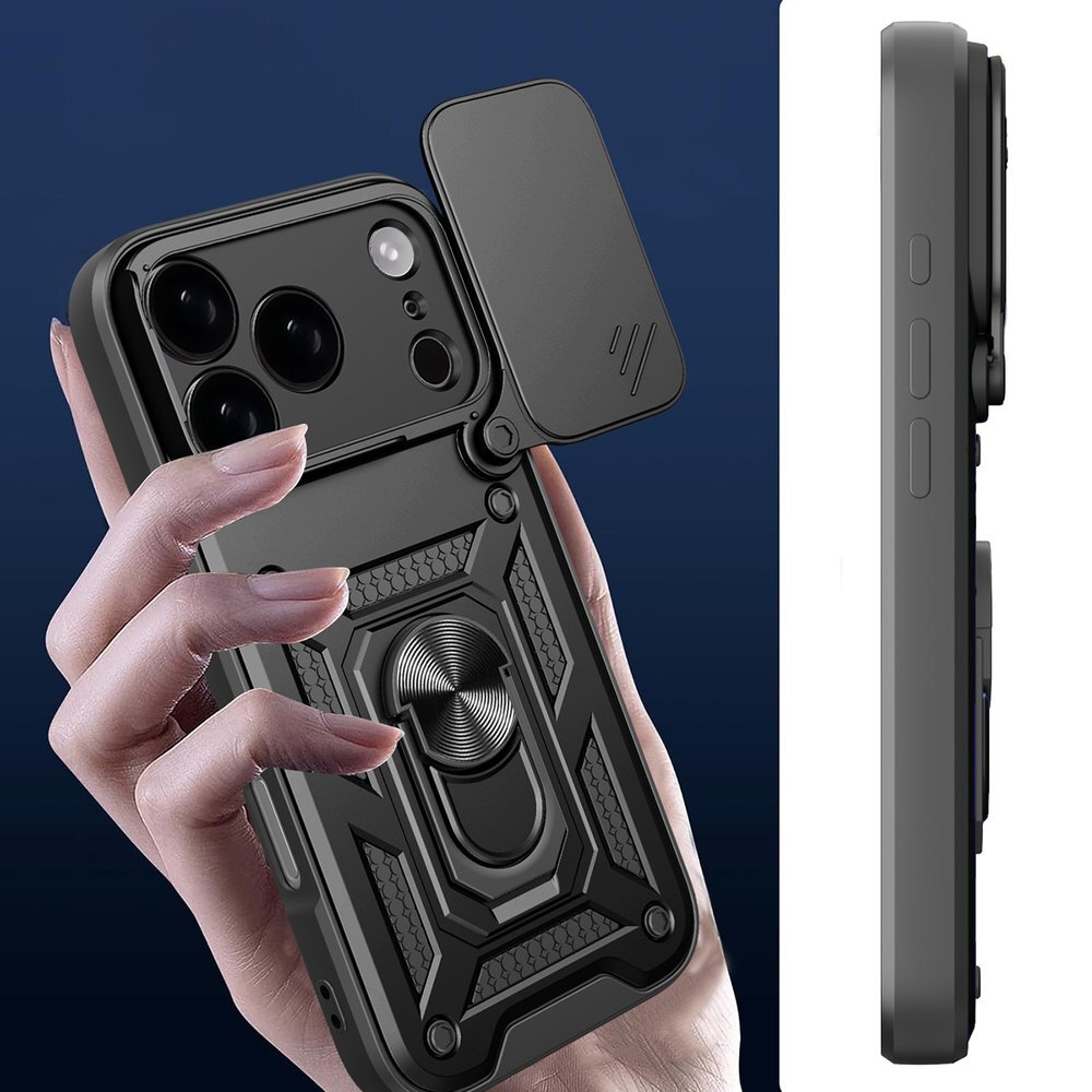 iPhone 17 Pro Max Hybrid Armor Camshield dėklas su stovu ir kameros dangteliu – juodas 3