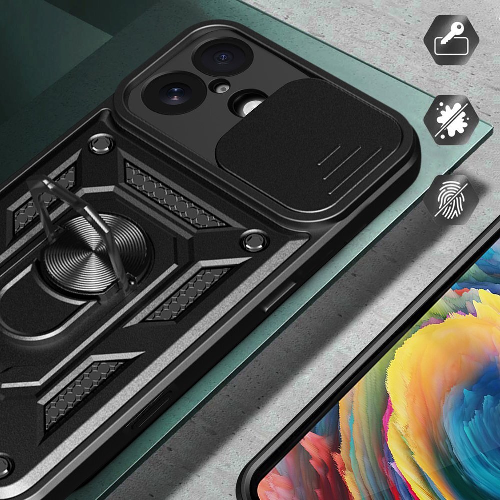 iPhone 17 Hybrid Armor Camshield dėklas su stovu ir kameros dangteliu – juodas 3 iPhone 17 Hybrid Armor Camshield dėklas su stovu ir kameros dangteliu – juodas 3