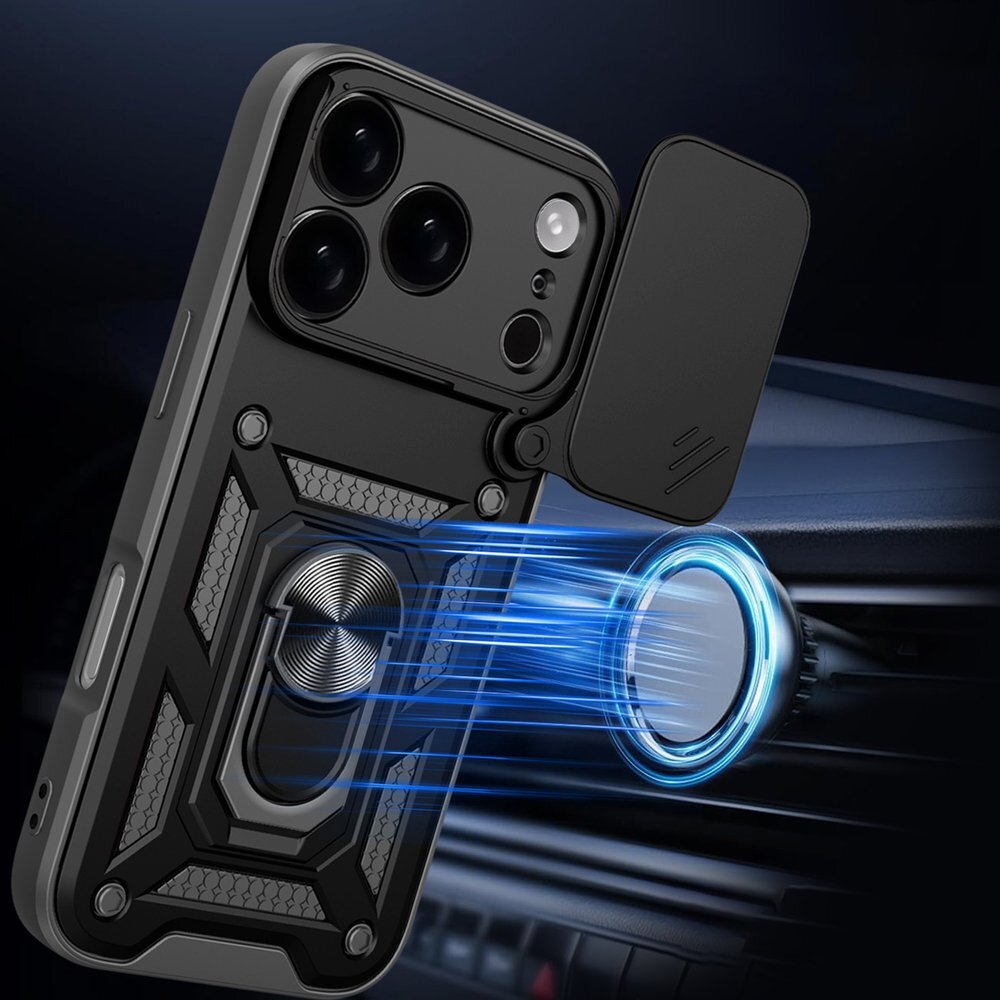 iPhone 17 Pro Hybrid Armor Camshield dėklas su stovu ir kameros dangteliu – juodas 2
